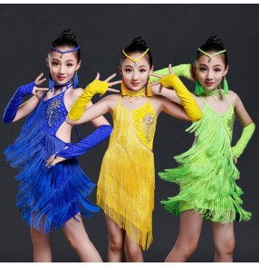 Royal blue neon green yellow gold sequins fringes rhinestones girls kids children performance professional latin salsa cha cha dance dresses outfits costumes